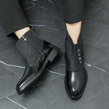 HKDQ Модни платнени мъжки ботуши с цип с копчета Висококачествени дишащи мъжки кожени ботуши Удобни високи обувки за мъже