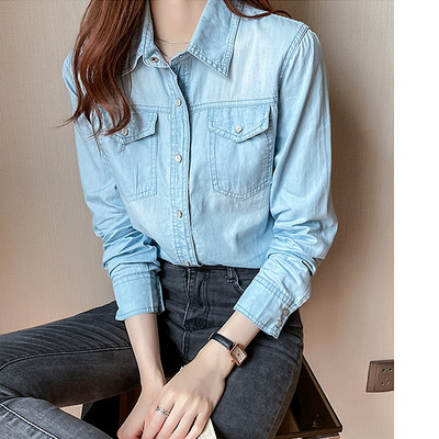 Nova proljetna jesen ženska bluza s otvorenim ovratnikom punih rukava, ženska jednoredna bluza s džepnim gumbima, plava traper košulja, ležerne majice