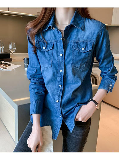 Nova proljetna jesen ženska bluza s otvorenim ovratnikom punih rukava, ženska jednoredna bluza s džepnim gumbima, plava traper košulja, ležerne majice