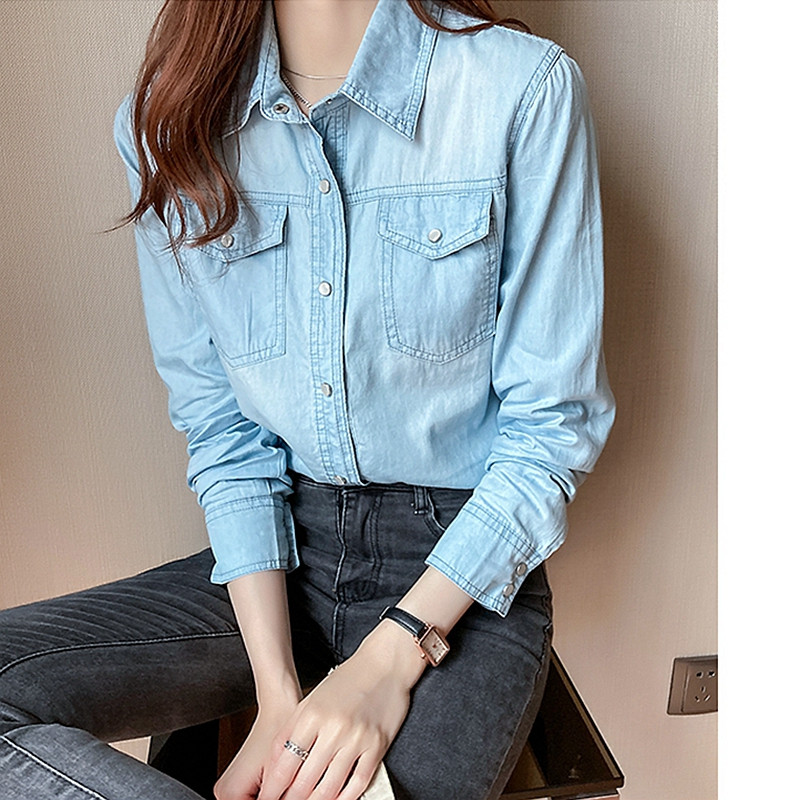 Nova proljetna jesen ženska bluza s otvorenim ovratnikom punih rukava, ženska jednoredna bluza s džepnim gumbima, plava traper košulja, ležerne majice