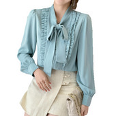 Γυναικεία μόδα Ανοιξιάτικη φθινοπωρινή κορδέλα δεμένη Μονόχρωμα βολάν V-Neck καριέρα κομψά με ολόσωμο γραφείο Γυναικεία μπλουζάκια σιφόν