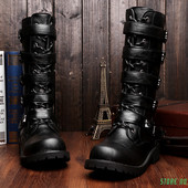 Ανδρικά παπούτσια μοτοσικλέτας PU Δερμάτινα Rock Μπότες μοτοσικλέτας με πόρπη στη μέση της γάμπας Πανκ παπούτσια Μπότες μοτοσυκλέτας A378