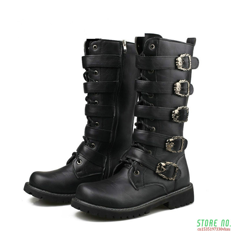 Ανδρικά παπούτσια μοτοσικλέτας PU Δερμάτινα Rock Μπότες μοτοσικλέτας με πόρπη στη μέση της γάμπας Πανκ παπούτσια Μπότες μοτοσυκλέτας A378