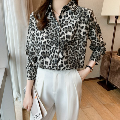 Bluză ocazională de primăvară toamnă pentru femei, cu un singur piept, guler răsturnat, cu mânecă lungă, imprimeu leopard, șifon, cămăși pentru femei Topuri
