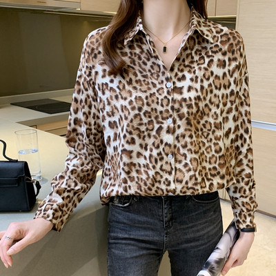 Bluză ocazională de primăvară toamnă pentru femei, cu un singur piept, guler răsturnat, cu mânecă lungă, imprimeu leopard, șifon, cămăși pentru femei Topuri