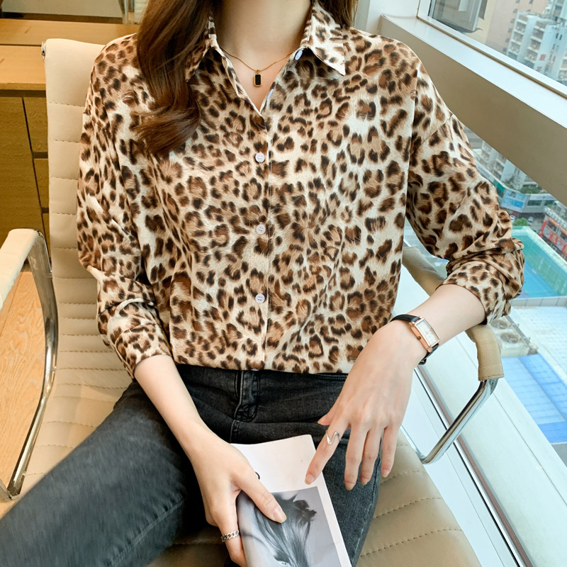 Bluză ocazională de primăvară toamnă pentru femei, cu un singur piept, guler răsturnat, cu mânecă lungă, imprimeu leopard, șifon, cămăși pentru femei Topuri
