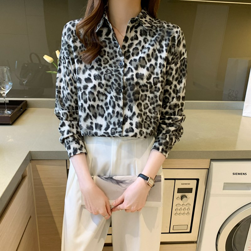 Bluză ocazională de primăvară toamnă pentru femei, cu un singur piept, guler răsturnat, cu mânecă lungă, imprimeu leopard, șifon, cămăși pentru femei Topuri