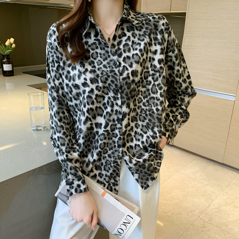 Bluză ocazională de primăvară toamnă pentru femei, cu un singur piept, guler răsturnat, cu mânecă lungă, imprimeu leopard, șifon, cămăși pentru femei Topuri