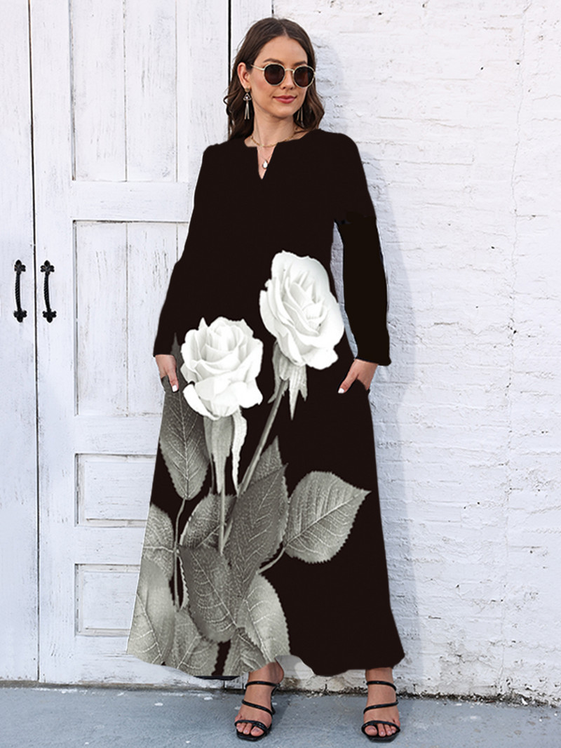 2023 Plus Size Toamna Iarna Rochie Lunga Femei Neagra Decolteu in V Rochii Elegante Largi Petrecere Print Floral Rochie Vintage Plaja Femei