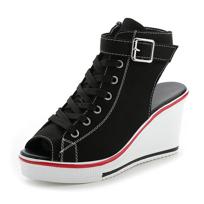 Pantofi de pânză cu vârf înalt pentru femei Pantofi cu pană Pantofi de damă din denim gleznă cu șireturi Pantofi de pânză de damă pentru femei marimea plus 35-43