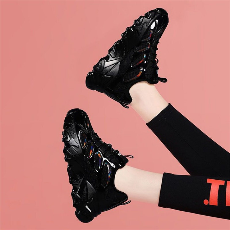 Pantofi de sport cu platformă cu toc înalt pentru femei, ocazional, cu fund gros, negru, 2023, pantofi vulcanizați de primăvară pentru femei