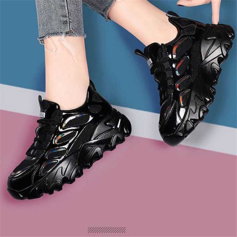 Pantofi de sport cu platformă cu toc înalt pentru femei, ocazional, cu fund gros, negru, 2023, pantofi vulcanizați de primăvară pentru femei