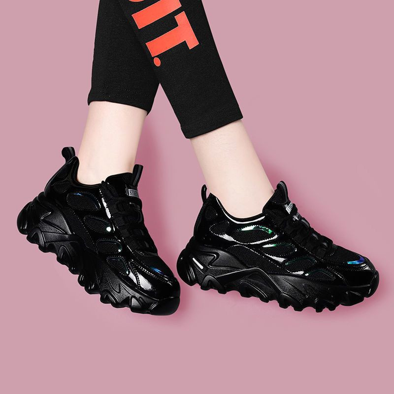 Pantofi de sport cu platformă cu toc înalt pentru femei, ocazional, cu fund gros, negru, 2023, pantofi vulcanizați de primăvară pentru femei