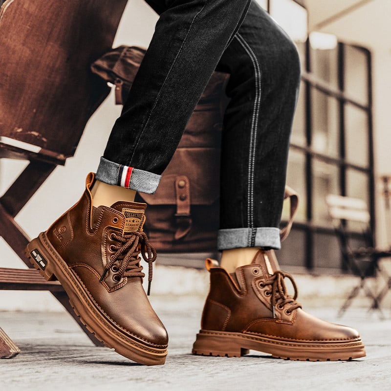 Tendințe în modă pentru bărbați Cizme din piele maro Plimbare în aer liber Alpinism Călătorii Cizme cu fund gros Cizme confortabile și durabile