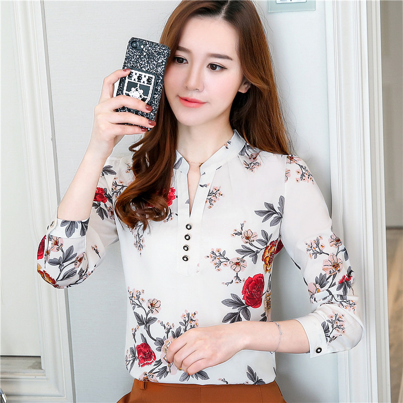 Mada Karštas išpardavimas Gėlių raštų palaidinė Moteriški palaidinės pavasario rudens moteriškos ilgomis rankovėmis šifono raukinamos palaidinės Biuro moteriški marškiniai