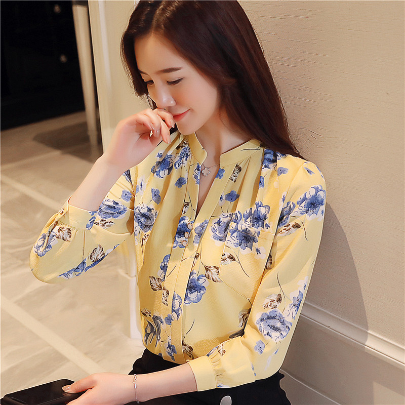 Mada Karštas išpardavimas Gėlių raštų palaidinė Moteriški palaidinės pavasario rudens moteriškos ilgomis rankovėmis šifono raukinamos palaidinės Biuro moteriški marškiniai