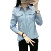 ?? Primăvara Toamnă Femei Buzunar Buzunar Bluză cu mâneci întregi Cămașă de blugi albastru cu un singur piept Topuri casual