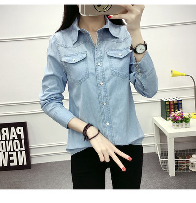 ?? Primăvara Toamnă Femei Buzunar Buzunar Bluză cu mâneci întregi Cămașă de blugi albastru cu un singur piept Topuri casual