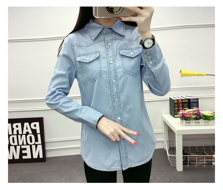 ?? Primăvara Toamnă Femei Buzunar Buzunar Bluză cu mâneci întregi Cămașă de blugi albastru cu un singur piept Topuri casual