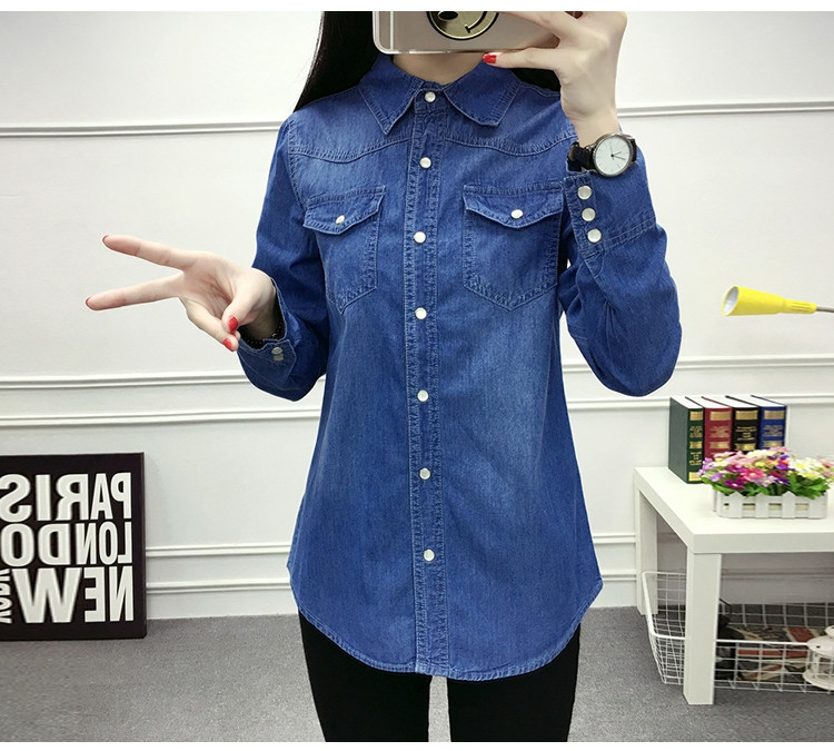?? Primăvara Toamnă Femei Buzunar Buzunar Bluză cu mâneci întregi Cămașă de blugi albastru cu un singur piept Topuri casual