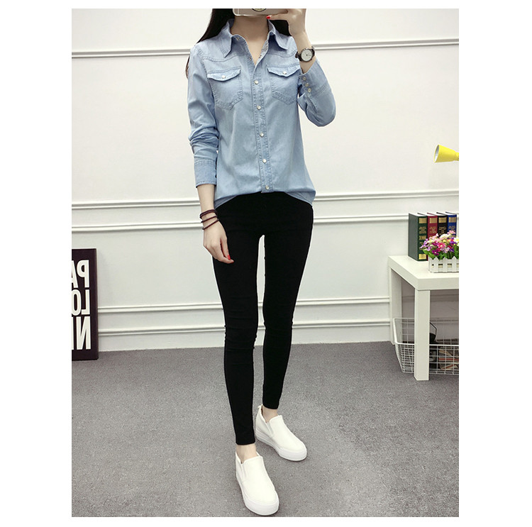 ?? Primăvara Toamnă Femei Buzunar Buzunar Bluză cu mâneci întregi Cămașă de blugi albastru cu un singur piept Topuri casual