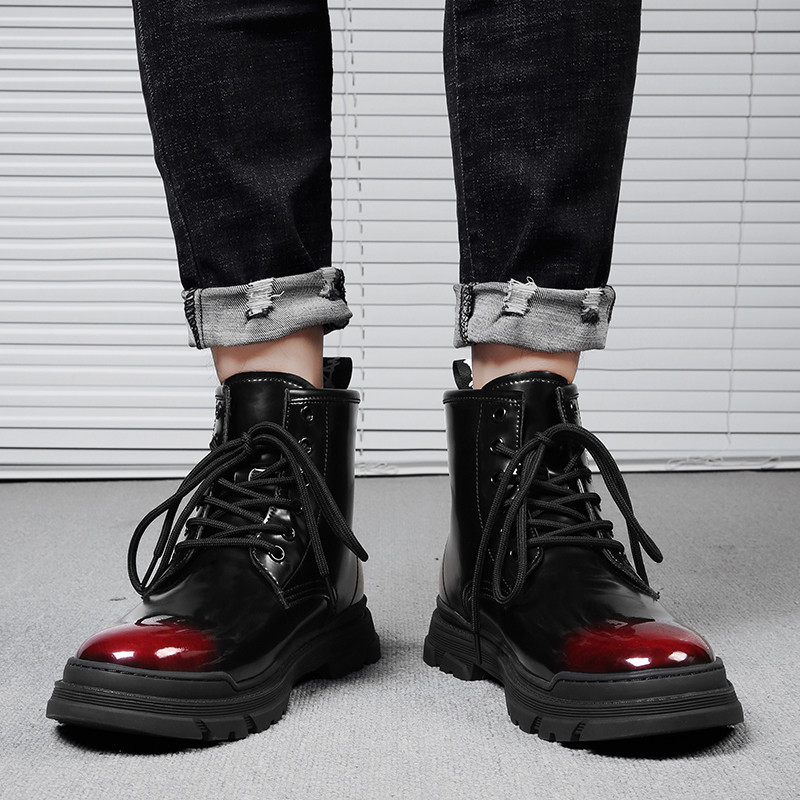 Melni/vīna Sarkanie zābaki Vīriešu zābaki 2023. gada āra  ādas darba zābaki Pāris tādas pašas ādas motociklistu zābaki vīriešiem un sievietēm