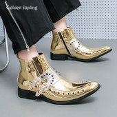 Ghete pentru bărbați, stil punk, cu nituri, pantofi de culoare aurie, bărbați eleganți, cizme Chelsea, pantofi formali de afaceri