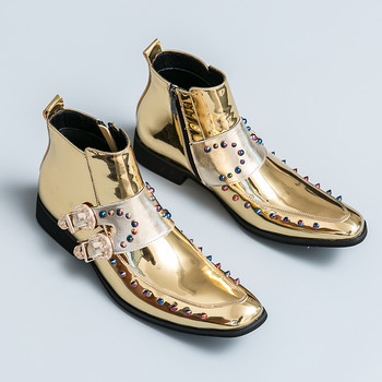 Golden Sapling Пънк стил Мъжки ботуши Дизайн на нитове Обувки в златен цвят Елегантни мъжки ботуши Челси Ракетни обувки Официални бизнес обувки