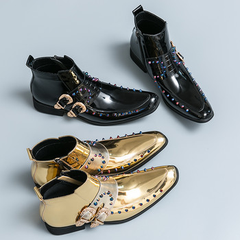 Golden Sapling Пънк стил Мъжки ботуши Дизайн на нитове Обувки в златен цвят Елегантни мъжки ботуши Челси Ракетни обувки Официални бизнес обувки