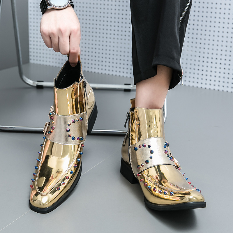 Ghete pentru bărbați, stil punk, cu nituri, pantofi de culoare aurie, bărbați eleganți, cizme Chelsea, pantofi formali de afaceri
