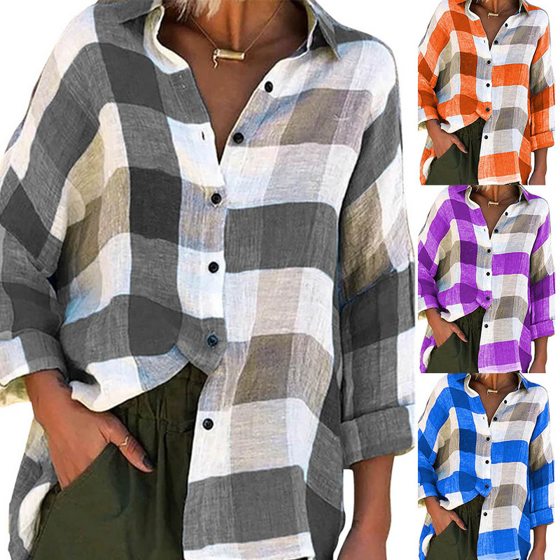 Ženska široka bluza dugih rukava s kariranim kariranim gumbima s otvorenim ovratnikom
