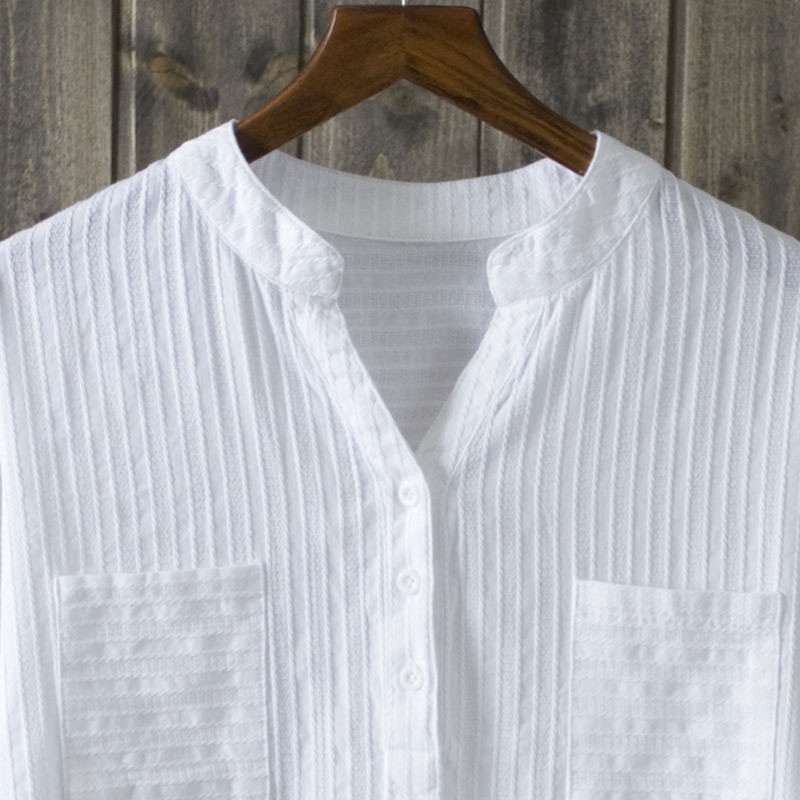 Νέο φθινοπωρινό γυναικείο πουκάμισο μακρυμάνικο φαρδύ V-λαιμόκοψη Λευκή μπλούζα με διπλές τσέπες Casual γυναικείες μπλούζες 100% βαμβακερά πουκάμισα τοπ D76
