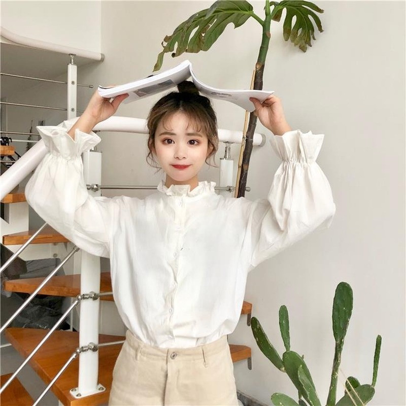 Bluză albă Cămăși pentru femei Haine Harajuku Topuri și bluze pentru femei Toate se potrivesc cu mâneci evazate Stil coreean Noua modă Ulzzang Chic