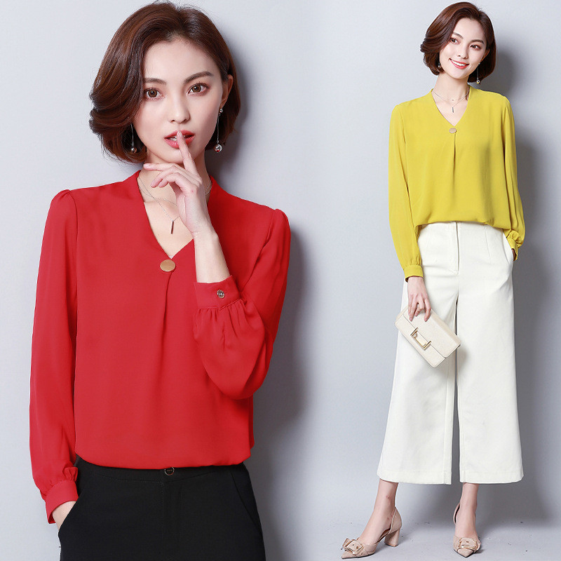 Proljeće jesen Šifonska košulja velike veličine Ženske dugih rukava V-ovratnik Čiste boje Bluze Ženske široke modne donje majice Top H9040