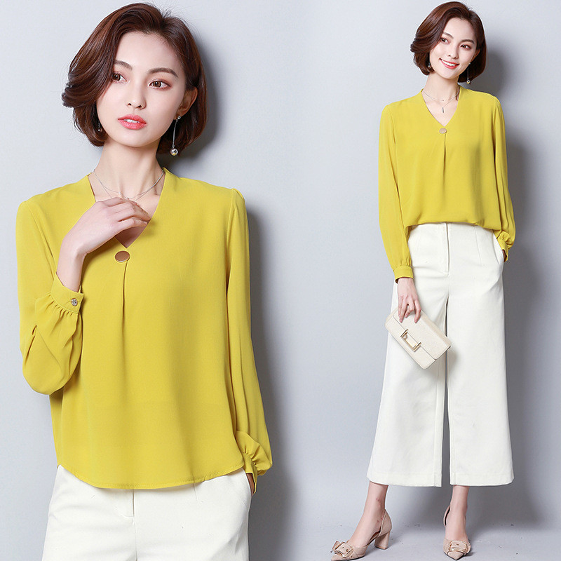 Proljeće jesen Šifonska košulja velike veličine Ženske dugih rukava V-ovratnik Čiste boje Bluze Ženske široke modne donje majice Top H9040