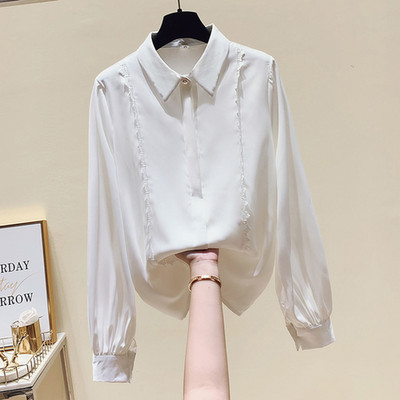 Modes korejiešu stila šifona kreklblūze ar garām piedurknēm, vienkrāsaina mežģīņu šuves atloks Ikdienišķa plānas jaciņas, apkakles blūze 11928