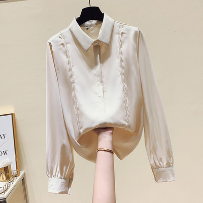 Modes korejiešu stila šifona kreklblūze ar garām piedurknēm, vienkrāsaina mežģīņu šuves atloks Ikdienišķa plānas jaciņas, apkakles blūze 11928