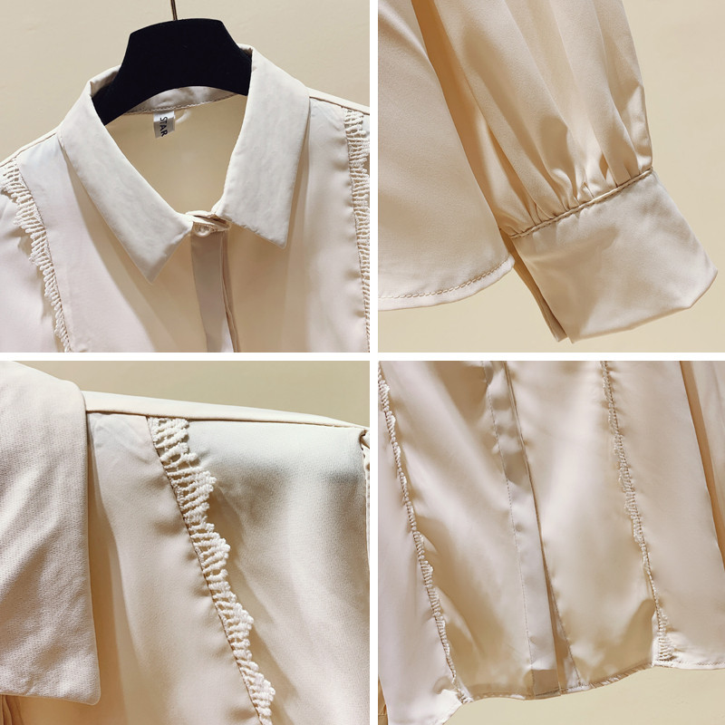 Modes korejiešu stila šifona kreklblūze ar garām piedurknēm, vienkrāsaina mežģīņu šuves atloks Ikdienišķa plānas jaciņas, apkakles blūze 11928