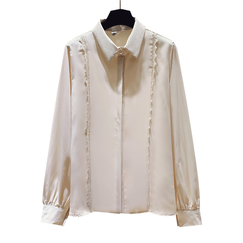 Modes korejiešu stila šifona kreklblūze ar garām piedurknēm, vienkrāsaina mežģīņu šuves atloks Ikdienišķa plānas jaciņas, apkakles blūze 11928