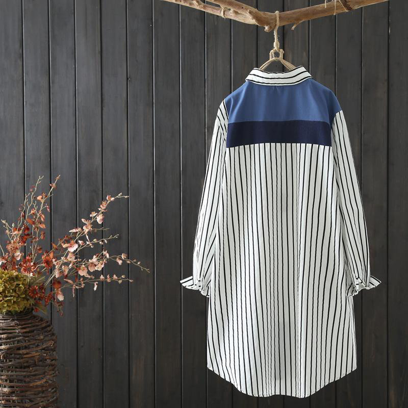 Pavasario Korėjos mados moteriškos ilgos rankovės apykakle dryžuoti marškiniai Visiškai tinkantys laisvalaikio palaidinės moteriškos ilgos palaidinės S728