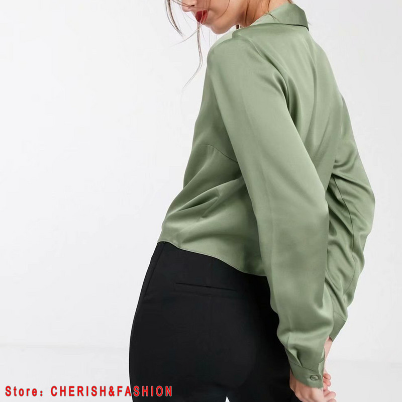 Bluse de marcă pentru femei de mod Topuri cu mânecă lungă cu rever Bluză verde pentru birou Bluze de lucru pentru femei Îmbrăcăminte de modă Bluse Cămăși pentru femei