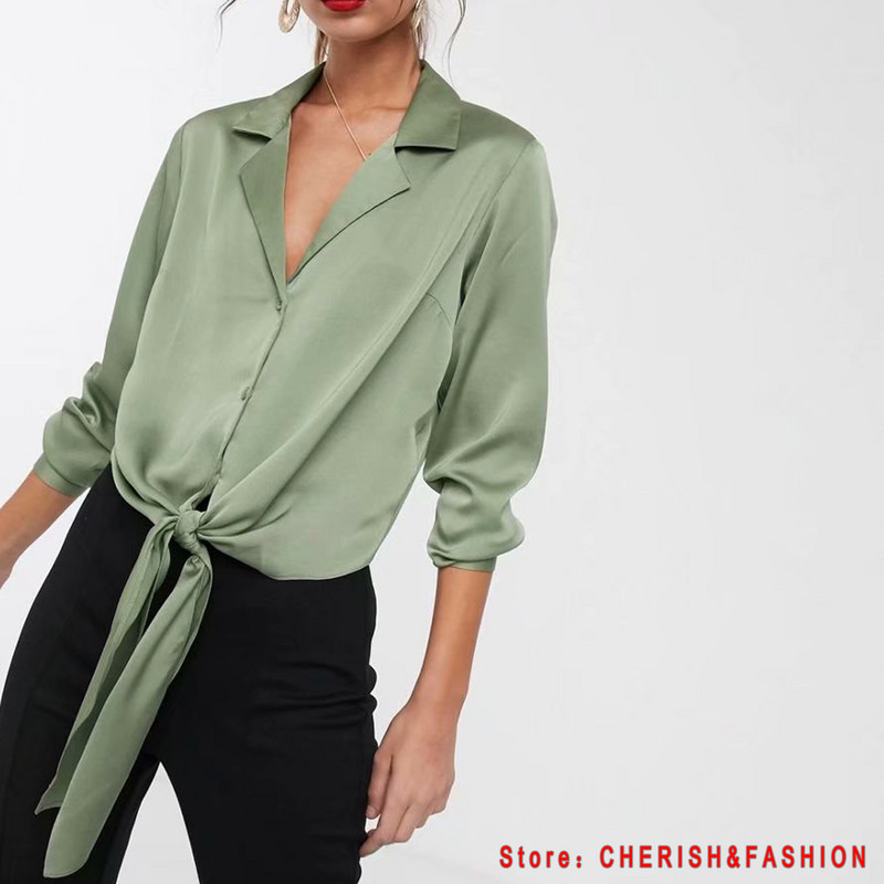 Bluse de marcă pentru femei de mod Topuri cu mânecă lungă cu rever Bluză verde pentru birou Bluze de lucru pentru femei Îmbrăcăminte de modă Bluse Cămăși pentru femei