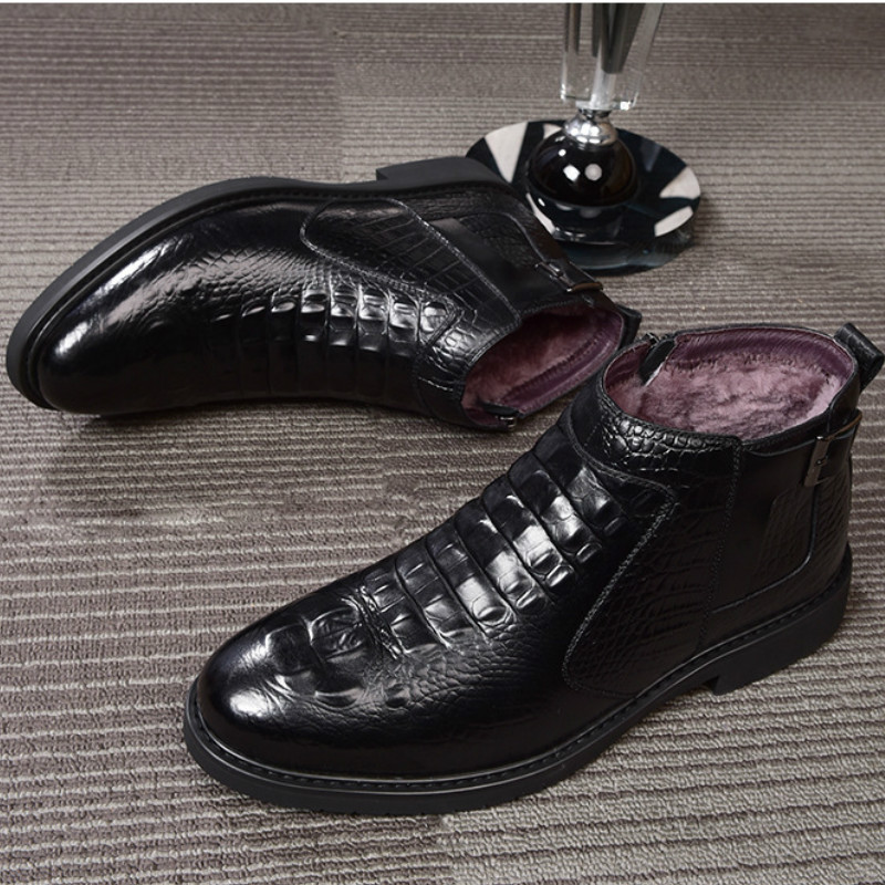 Noua modă de iarnă în stil crocodil pentru bărbați Cizme din piele de vacă de înaltă calitate, pantofi de iarnă pentru bărbați super caldi, cizme de zăpadă impermeabile