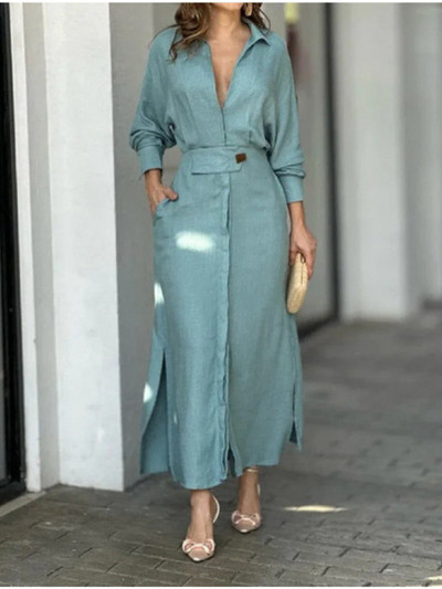 2023 Toamna Plus Size Rochie Femei Solid Casual Decolteu V Rever Maneca Lunga Rochie Femeie Fusta lunga Buzunar Lady Streetwear Rochii