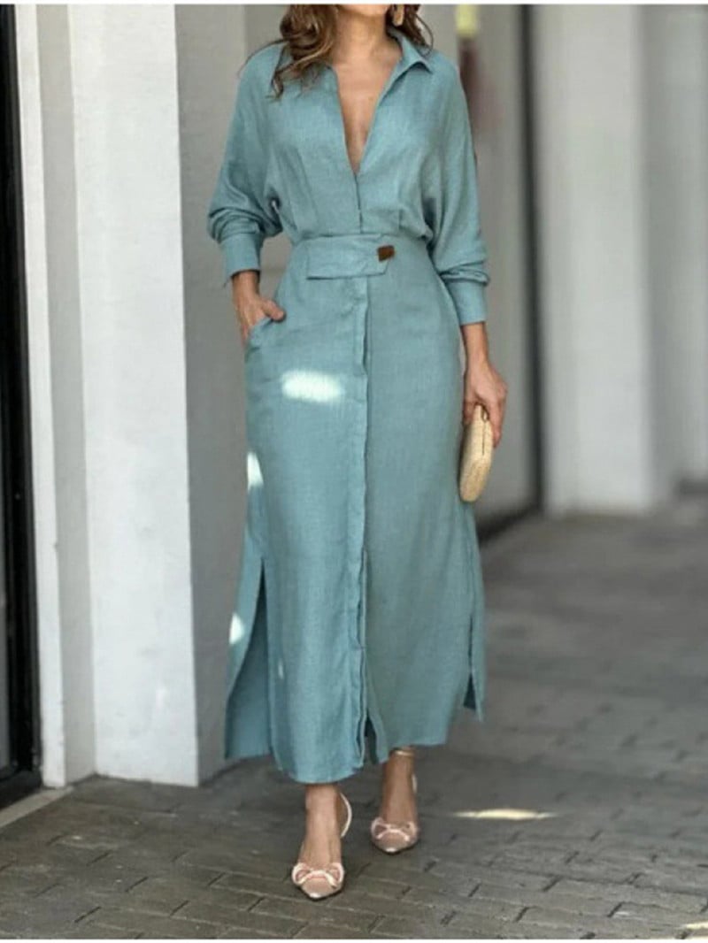 2023 Toamna Plus Size Rochie Femei Solid Casual Decolteu V Rever Maneca Lunga Rochie Femeie Fusta lunga Buzunar Lady Streetwear Rochii