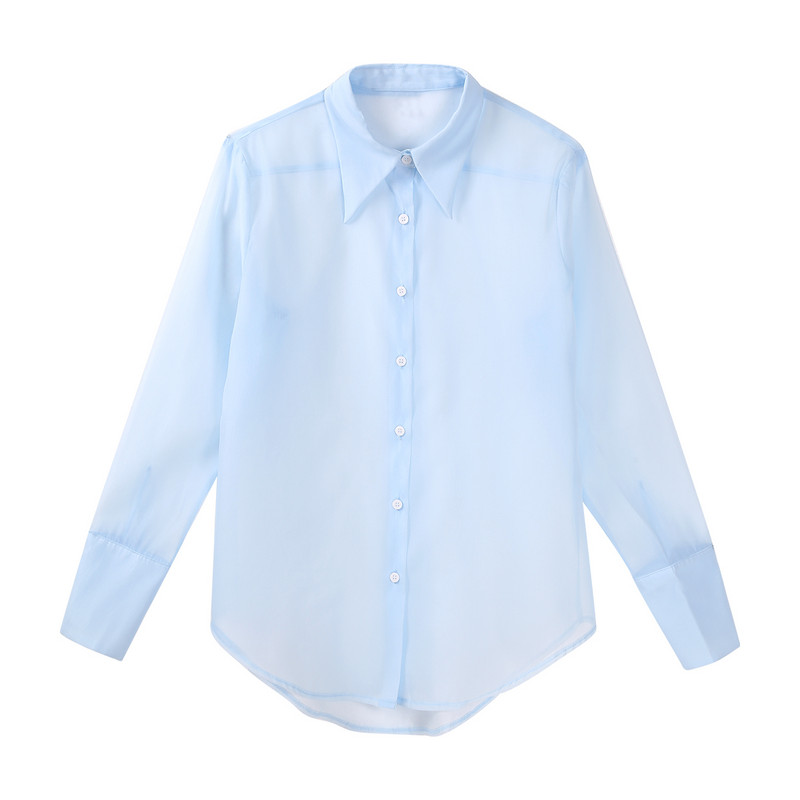 Bluză de șifon semi-transparentă, cu guler răsturnat, la modă pentru femei, cămăși cu mânecă lungă, bluse, pentru petrecerea timpului liber cu protecție solară