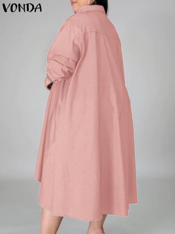 Plus Size 5XL VONDA Γυναικείο vintage πουκάμισο φόρεμα 2023 Φθινοπωρινό τζιν μακρυμάνικο ασύμμετρο Midi Vestidos Solid Elegant Sundress