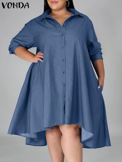 Plus Size 5XL VONDA Femei Vintage Camasa Rochie 2023 Toamna Denim Maneca Lunga Asimetrice Midi Rochii Solid Elegant Rochie de soare