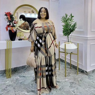 Ženska jesenska modna prugasta haljina velikih veličina 2023. Ženska labava ležerna nova haljina dugih rukava s otvorenim ramenima i čipkom