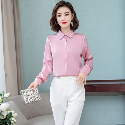 Elegantna proljetna jesen satenska svilena košulja dugih rukava ženska bluza, modna modna ženska radna košulja svijetle boje na rever, ležerna